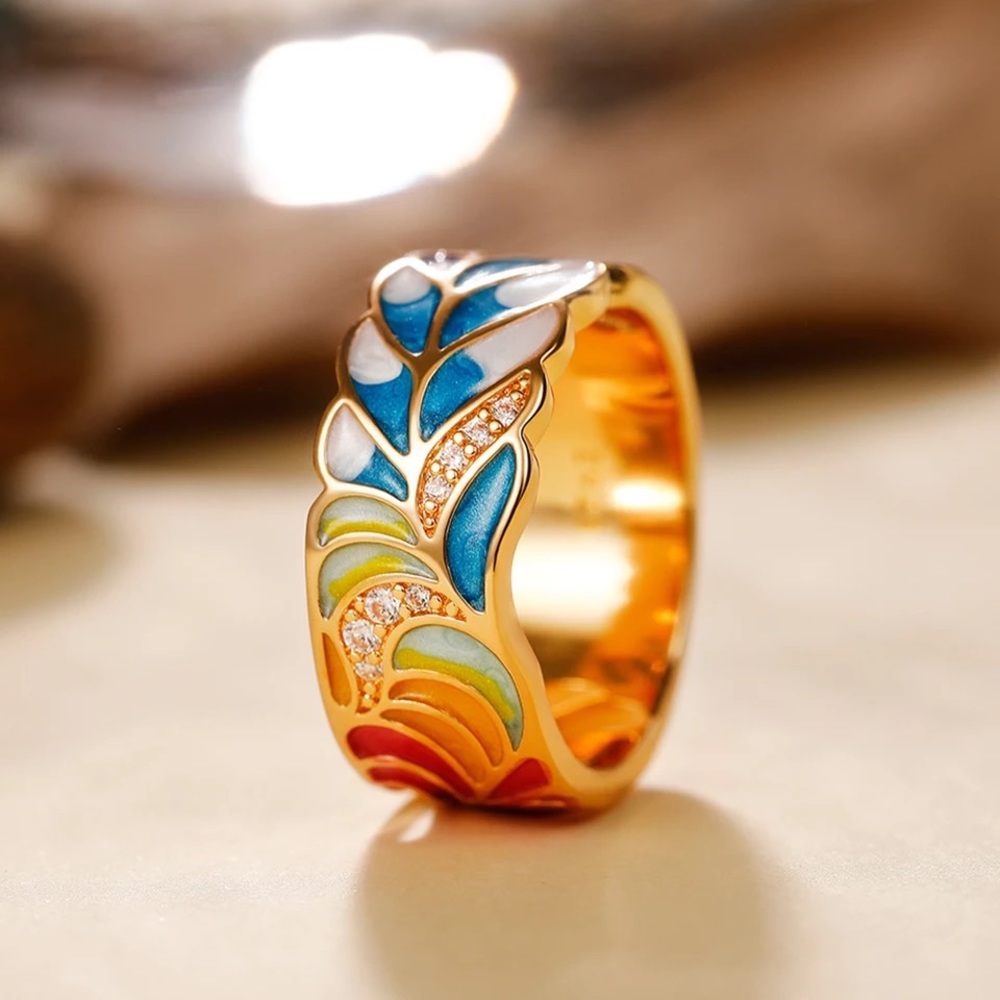 Anthro Personality Enamel Green Leaf Design Women Finger Ring Wide Band Vintage - Picture 3 of 6
